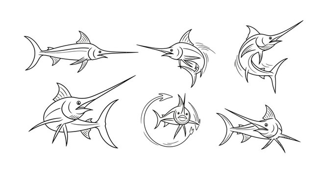 Marlin Fish Hand Drawn Illustration Set in Different Poses