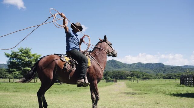 Latin cowboy wearing a hat riding a brown horse in a green field. The man is spinning a lasso over his head under a clear blue sky