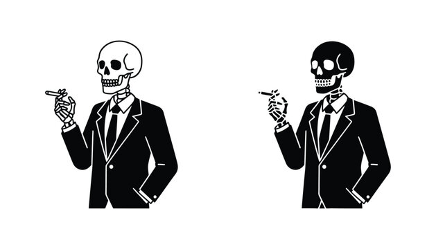 Skeleton in formal business suit holding cigar vector illustration set in black and white line art and solid silhouette style