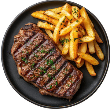  Top view of a delicious looking steak frites on a dark platter isolated [Transparent Background PNG].