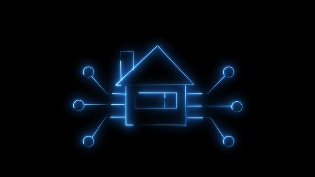 House icon animation with blue neon network. House icon smart home technology concept. House icon digital interface graphic on black background.