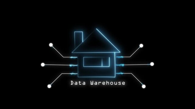 House icon animation with data warehouse text. House icon digital energy and storage. House icon technology graphic on black background.