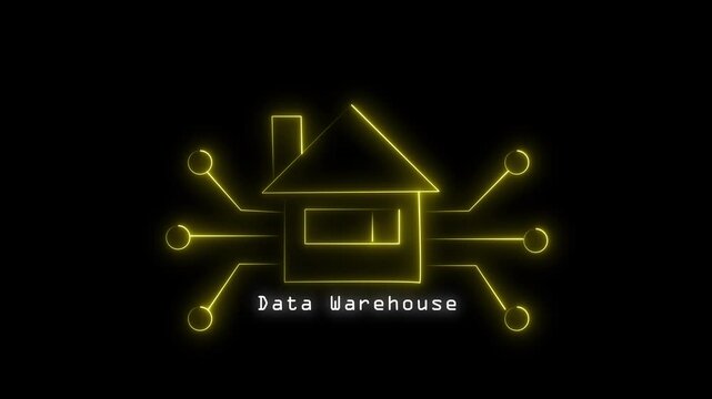 House icon animation with data warehouse text. House icon digital information storage. House icon technology graphic on black background.