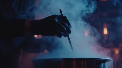 Naklejka premium Professional chef stirs a steaming pot in a moody restaurant kitchen.