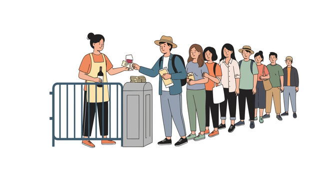 People queueing for event entry and wine tasting vector illustration