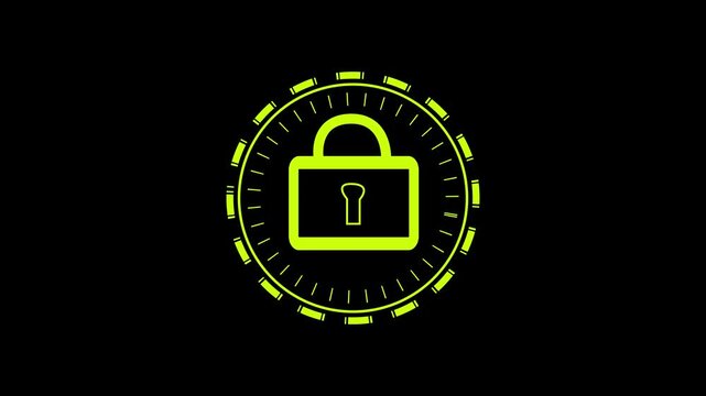 Security lock animation on futuristic hud. Security lock digital privacy protection. Security lock cybersecurity graphic on black background.