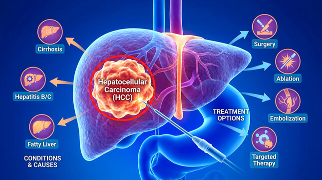 Medical illustration of liver cancer and treatment options