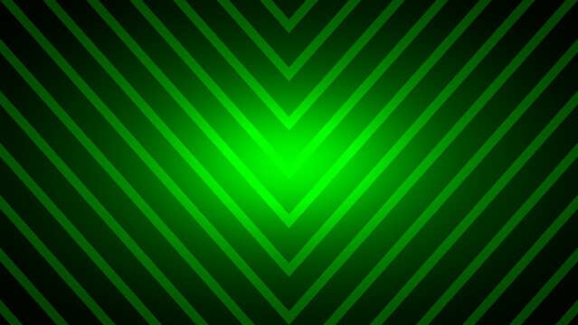 Symmetrical Chevron pattern of green diagonal stripes. Geometric directional background design with light.