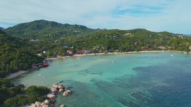Aerial View Koh Tao Village Shallow Bay With Moored Boats, Colorful Roofs, Palm Fringe, Local Fishing Vibe