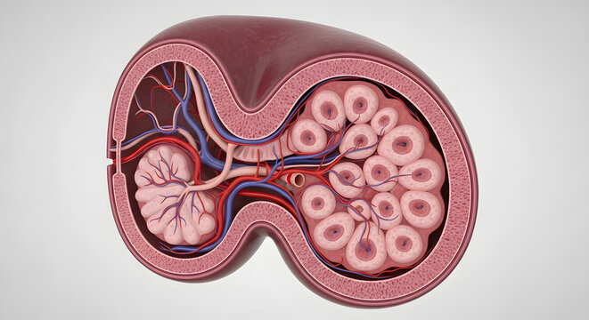 Detailed Medical Illustration of Male Testis Cross-Section Showing Seminiferous Tubules, Epididymis and Blood Vessels

