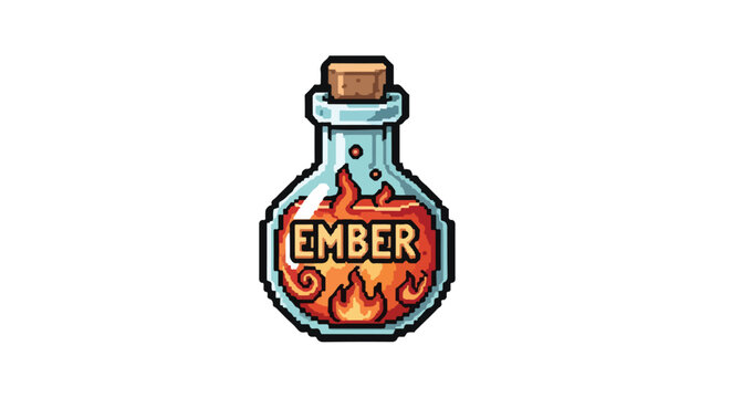 A vibrant pixel art vector illustration of a round glass potion bottle filled with glowing fire-themed liquid and the word EMBER inscribed on it.