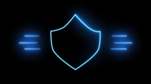 Security shield animation with blue neon wings. Security shield digital protection symbol. Security shield cybersecurity technology graphic on black background.