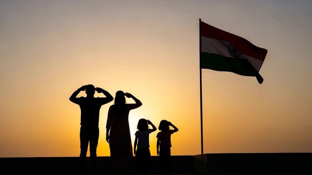 Silhouettes of Family Saluting Large Flag at Sunset