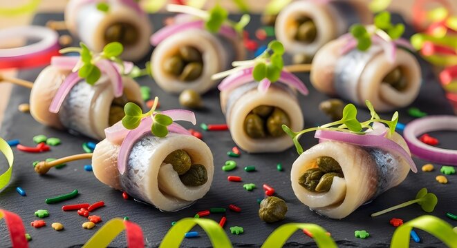 Delicious pickled herring rollmops garnished with fresh capers red onion slices and vibrant green sprouts served elegantly on a black stone slate platter for a festive holiday party event