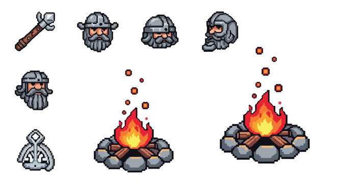 This pixel art collection features Viking character heads, a mace, a bear trap, and glowing campfires, perfect for game asset development.