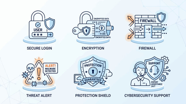 Cybersecurity and data protection icons set secure login encryption firewall threat alert protection shield and expert assistance.