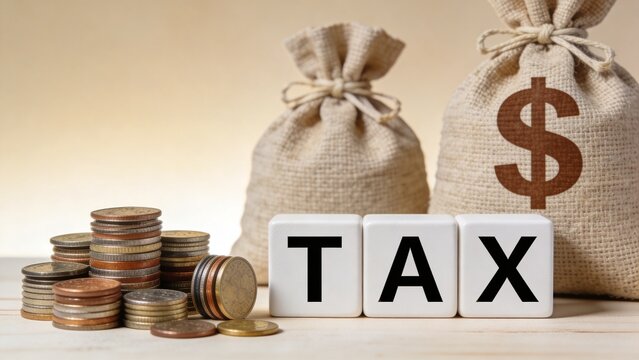 Visual representation of financial obligations and wealth management, with stacked coins, dollar-marked money bags, and prominent 'TAX' blocks symbolizing economic responsibilities