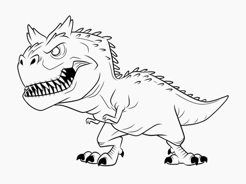 Horned carnotaurus line drawing with comic styling designed for printable coloring books, kids activities, educational worksheets, and vector artwork.