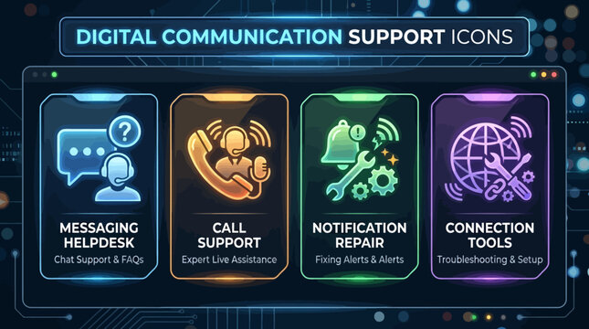 Digital communication support icons for messaging helpdesk call support notification repair and connection tools with a technological background.