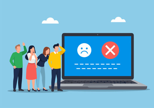 A vector illustration of people reacting to a sad face on a laptop screen outdoors