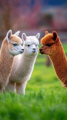 Obraz premium Three charming alpacas interact in a vibrant green field under a soft, colorful sky