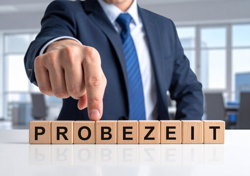 Probezeit - Geschäftsmann zeigt auf den Text "Probezeit"