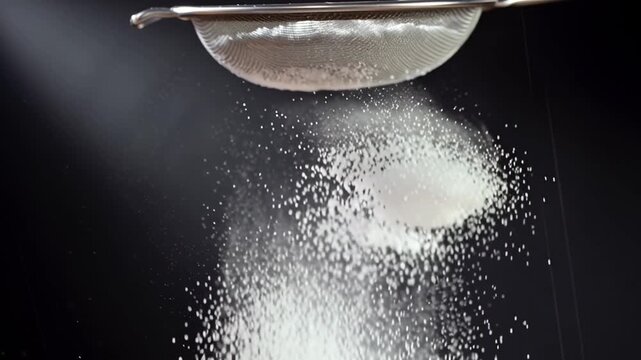 Sifting flour through a sieve against dark background &mdash; refined culinary preparation, cozy ambiance of home baking