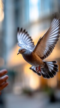 A pigeon gracefully flapping its wings while soaring near a person's outstretched hand