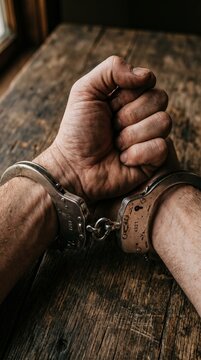 Clenched handcuffed wrist dimly lit room macro shot capturing restraint close-up concept of confinement