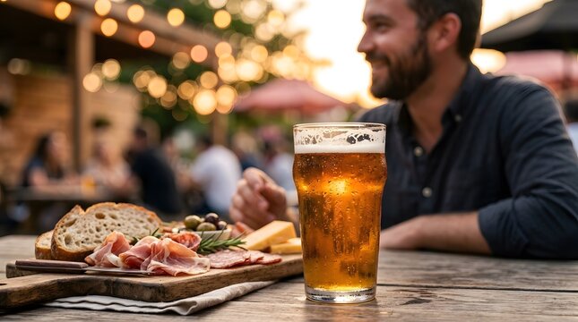 Refreshing glass of craft beer paired with a delicious charcuterie board featuring prosciutto and cheese on a rustic outdoor table