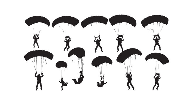 Group of skydivers with open parachutes descending, aerial sports, extreme recreation, people jumping from airplane.
