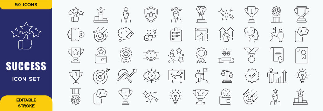 Success editable stroke outline web icons set. Success, achievement, successful, strategy, winner, teamwork, goal, brainstorm, challenge and task. Vector illustration