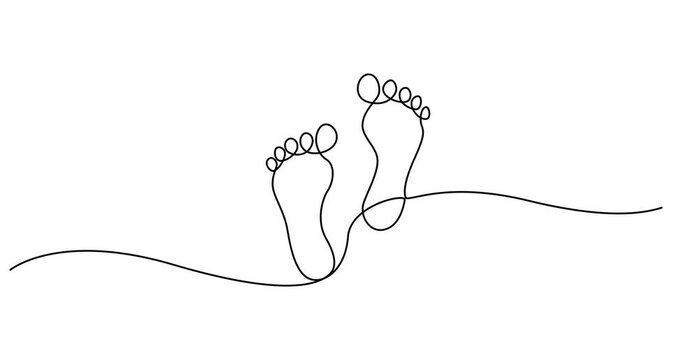 Video. Footprint of a path of barefoot human feet in simple linear style . Diagonal trace of barefoot is drawn with one continuous editable line. Animation on white background 4K.