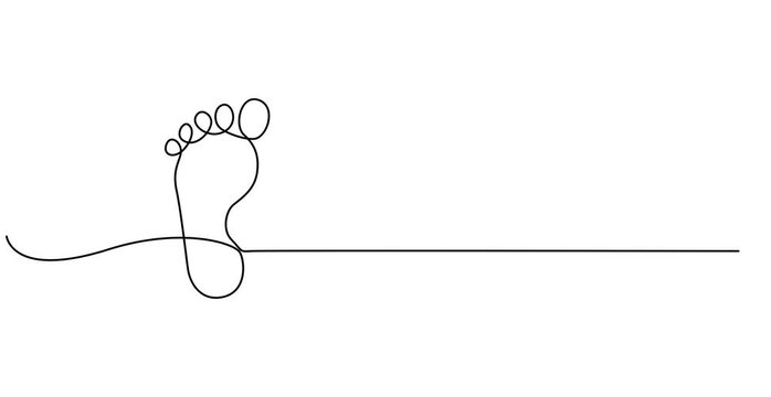 Video. Footprint of a path of barefoot human feet in simple linear style . Diagonal trace of barefoot is drawn with one continuous editable line. Animation on white background 4K.
