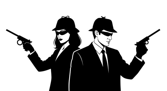 Male and female secret agents in suits holding guns illustration