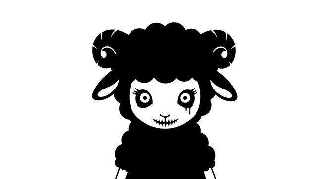 Creepy black sheep vector illustration with spooky horror face