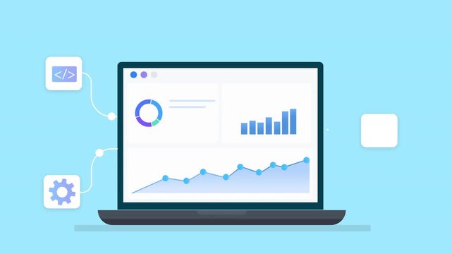 Animated flat illustration of a laptop displaying analytics charts with coding and settings icons, representing software development, configuration, and digital workflow.