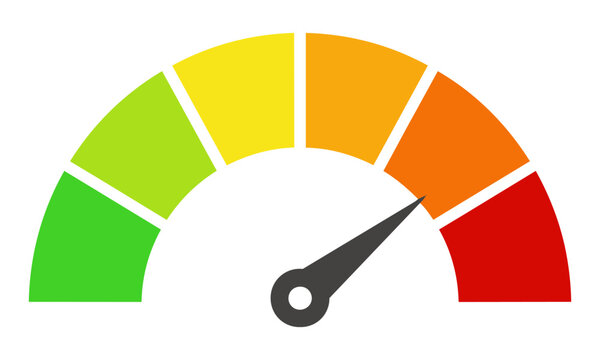 Half-circle progress gauge icon with five colored segments and a central indicator needle pointing to the orange section business performance concept