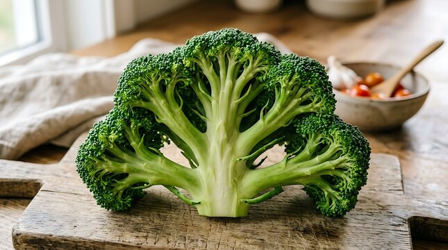 Fresh Green Broccoli Head on Rustic Wooden Cutting Board