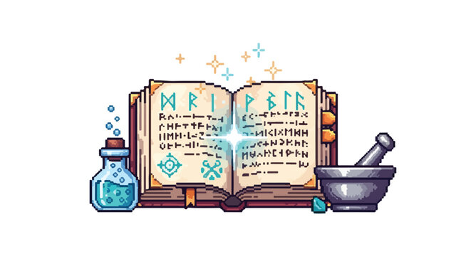 A pixel art illustration of an open magic spellbook glowing with light, accompanied by a potion bottle and a mortar and pestle on the side.
