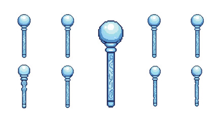 A collection of pixel art magic staves or wands with blue crystalline orbs and intricate handles, presented on a white background. © Nabila