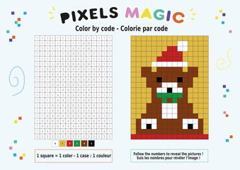 Pixel art à colorier représentant un ourson de Noël © PictureAndCo