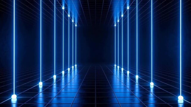 Neon light corridor with grid floor