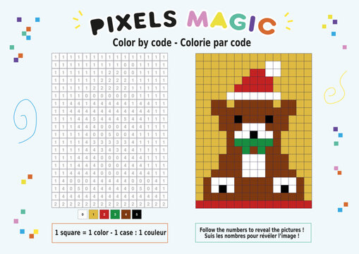 Pixel art &agrave; colorier repr&eacute;sentant un ourson de No&euml;l