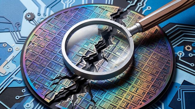 A magnifying glass scrutinizes a deep fracture splitting a prismatic silicon wafer, representing the investigative search for hidden flaws in the fragile heart of global technology.
