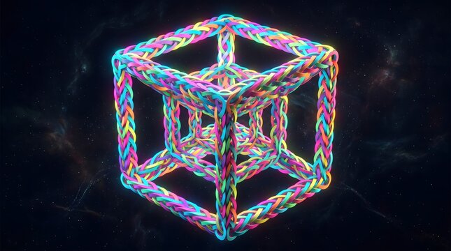 A vibrant multidimensional tesseract woven from luminous rainbow threads, representing the intricate and harmonious interconnectedness of the cosmic fabric within the vast void.