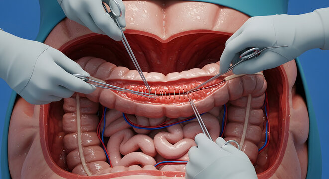 Surgeons Suturing Intestines During Open Abdominal Surgery With Surgical Instruments And Gloves

