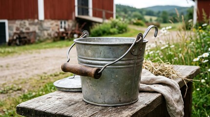 Obraz premium Vintage Metal Milk Pail on Wooden Bench