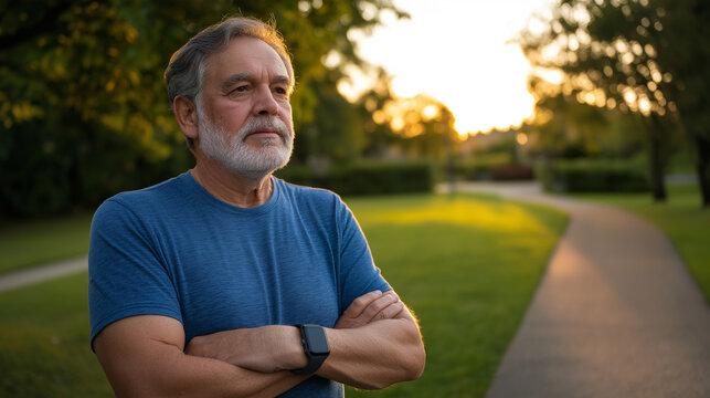 Portrait of a confident senior man with beard standing with arms crossed in park at sunset, active aging and retirement lifestyle concept
