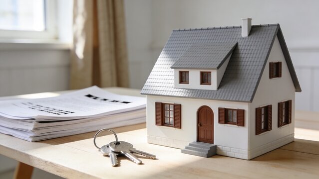 miniature house model on table with keys stack of contract papers real estate mortgage